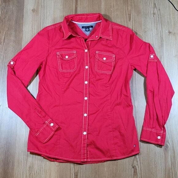 🔹️Tommy Hilfiger Red Button Front Adjustable Long Sleeve Top Small - Picture 1 of 10
